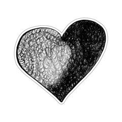 Black Heart Sticker Drawn by Colored Pencil. The Sign of World Heart Day. Symbol of Valentines Day. Heart Shape Isolated on White Background.