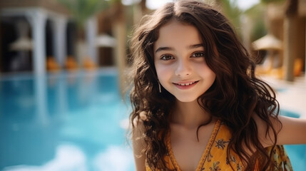 Obraz premium Indian little girl standing on swimming pool background