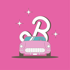 Fototapeta premium Pink car with sunset. Flat vector illustration in pink colors.