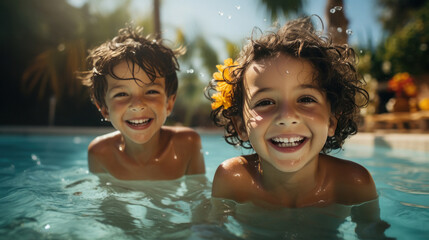 Cute indian little siblings or friends swimming at swimming pool. - obrazy, fototapety, plakaty