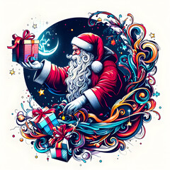 Santa Claus Holds a Gift Box up to the Moon, Bringing Joy to All. AI generative 