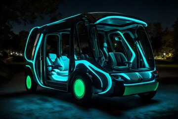 A bioengineered, bio-luminescent vehicle that harnesses the power of bioluminescent organisms for nighttime illumination, intended for eco-friendly transportation in biodiverse regions