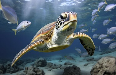 Turtle closeup with school of fish. AI Generated