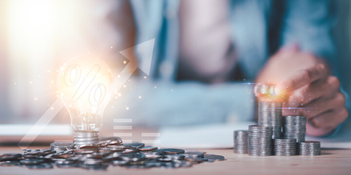 concept interest rates and dividends ,investment growth percentage and interest on deposits ,increase in interest rates ,Retirement returns ,increase of business profits,finance and investment.