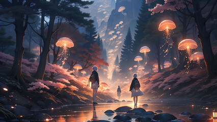 Girl walking under a stream in a fantasy forest