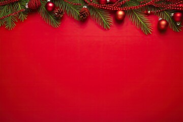 Fototapeta na wymiar Christmas or New Year red background with fir decor.
