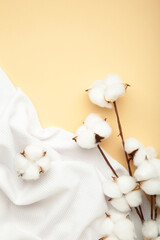 Beautiful cotton branch, white fabric. Natural cotton fabric texture. Delicate white cotton flowers on beige background.