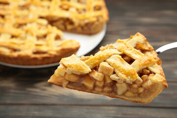 Apple pie and piece of pie on grey wooden background. Copy space.