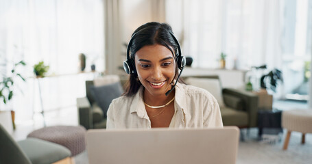 Happy woman, call center and headphones on laptop in customer service, support or telemarketing at home office. Face of female person, consultant or freelance agent in remote work for online advice - obrazy, fototapety, plakaty