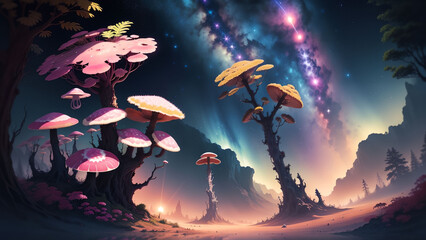 Colorful alien mushrooms used for wallpaper