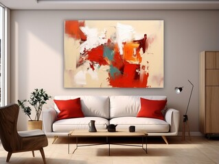 Modern living room with canvas painting and colorful furniture generative ai