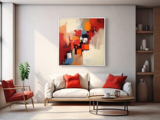 Modern living room with canvas painting and colorful furniture generative ai