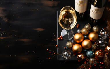 butelka szampana, wina musującego z kieliszkami na drewnianym stole w ozdobach świątecznych. - obrazy, fototapety, plakaty