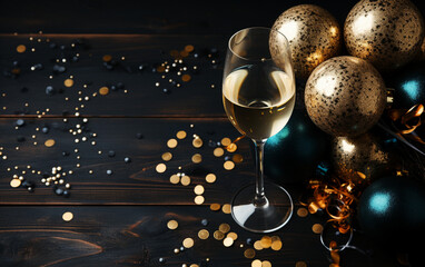 tło świąteczne, toast, kieliszki z szampanem, ozdoby świąteczne w kolorach złotym, srebrnym, drewniany stół - obrazy, fototapety, plakaty
