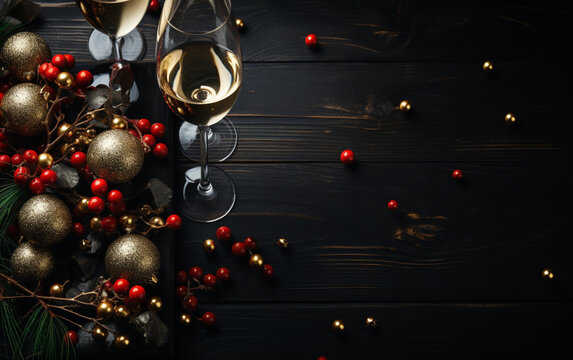 tło świąteczne, toast, kieliszki z szampanem, ozdoby świąteczne w kolorach złotym, srebrnym, drewniany stół