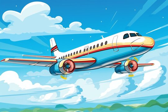 Cartoon-style airplane soaring through the sky. Generative AI