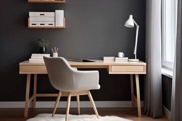 Workplace with white chair at wooden drawer writing desk against of window near dark grey wall Interior design of modern scandinavian home office.