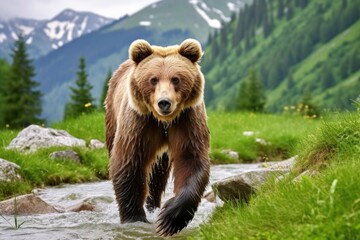 Brown bear moving on the green meadow in springtime nature.