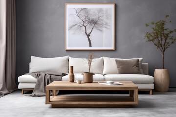 Wooden square coffee table near white sofa in room with grey wall with art poster. Minimalist elegant home interior design of modern living room