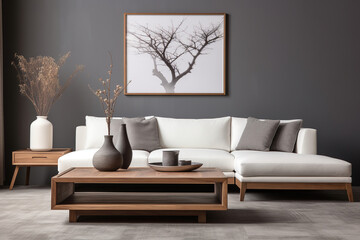 Fototapeta na wymiar Wooden square coffee table near white sofa in room with grey wall with art poster. Minimalist elegant home interior design of modern living room