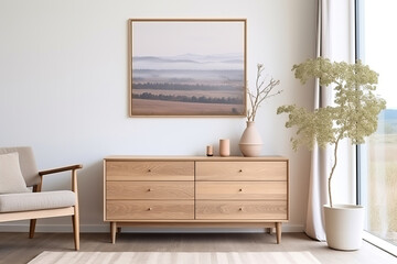 Wooden dresser and art poster on white wall. Scandinavian home interior design of modern living room.