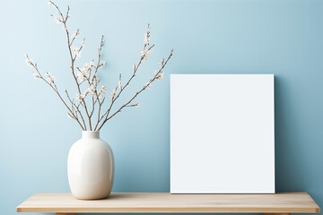 Wood side table, vase with twigs near big empty frame mock up poster with copy space against blue wall. Scandinavian home interior design of modern living room.