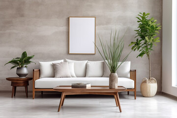 White sofa, wood side table and potted houseplant against stucco wall with marble stone poster....