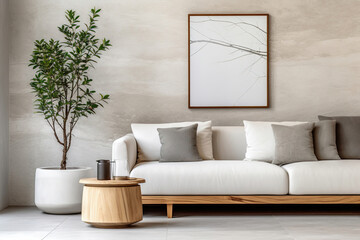 White sofa, wood side table and potted houseplant against stucco wall with marble stone poster. Minimalist home interior design of modern living room.