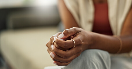 Woman, hands and closeup on therapy sofa mental health anxiety, support or empathy consultation....