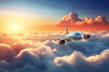 Plane soaring above clouds. Generative AI
