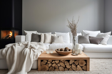 Fototapeta na wymiar White sofa with blanket and wooden coffee table against fireplace with firewood stack. Minimalist scandinavian home interior design of modern living room.