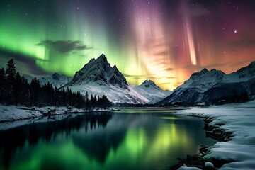 Stunning aurora over lakes and mountains. Generative AI
