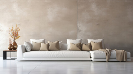 White sofa with beige pillows against concrete wall. Minimalist home interior design of modern...