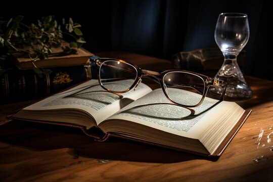 a book on a table with glasses. Generative AI