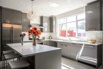 Sleek kitchen with modern gray cabinets, white quartz countertops, and glossy gray backsplash in a domestic setting. Generative AI - obrazy, fototapety, plakaty