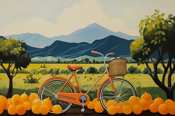 a painting of a bicycle with a fruit basket parked in an orange field with trees and mountains in the backdrop. Generative AI