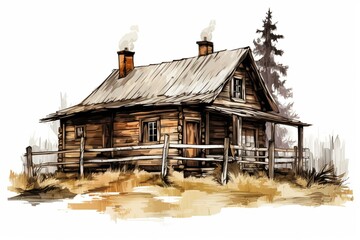 Illustration of a rustic house on a farm, sketched with wood texture on a transparent background. Generative AI - obrazy, fototapety, plakaty