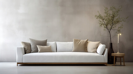 White sofa with beige pillows against concrete wall. Minimalist home interior design of modern living room. -
