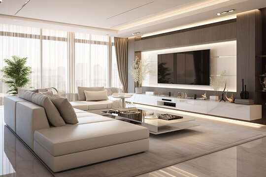 White sofa and tv unit in spacious room. Luxury home interior design of modern living room