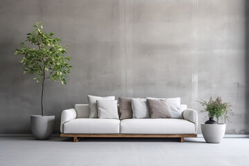 White sofa and potted houseplant against concrete wall. Minimalist home interior design of modern living room