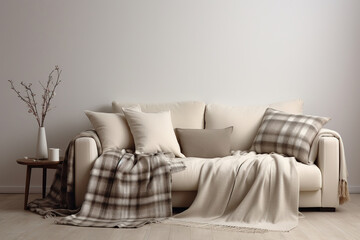 White cozy sofa with pillows and plaid. Scandinavian home interior design of modern living room.
