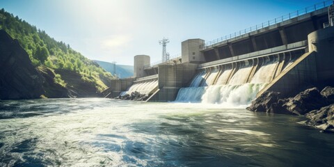 Hydroelectric dam generating green energy from flowing water. - obrazy, fototapety, plakaty