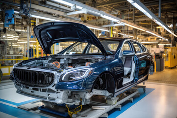 Car production line. Assembling a car on a conveyor belt. Close-up of a car body. Automotive industry Interior of a high-tech factory, modern production.