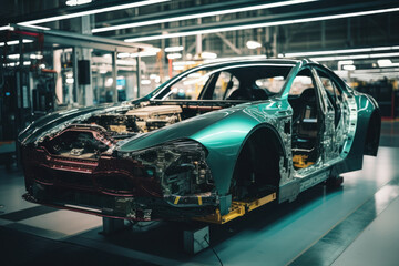 Obraz premium Car production line. Assembling a car on a conveyor belt. Close-up of a car body. Automotive industry Interior of a high-tech factory, modern production.