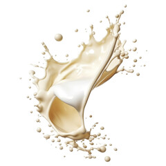 Creamy milk splash isolated on transparent background, white cream liquid crown wave swirl drops, fluid paint splashing droplets flow, design element fresh drink, dairy, falling, pour bubbles flying