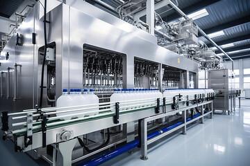 Obraz premium Conveyor for bottling milk into bottles at a modern dairy plant. Line for bottling and packaging of dairy products. Industrial equipment. Fresh milk.