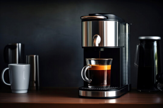 Photo of a coffee maker with a freshly brewed cup of coffee