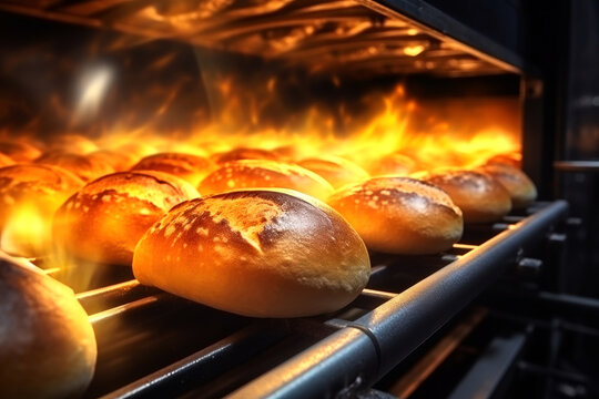 Bread in the oven at a bakery. Production and baking of fresh bread. Industrial furnace. Baking bread. Fire, smoke and steam. Close-up.