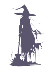 Walking young cute witch girl with broomstick. Long curly hair. Halloween relative character silhouette