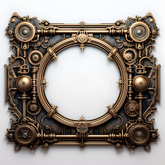 Steampunk-inspired ornamental frame with industrial element